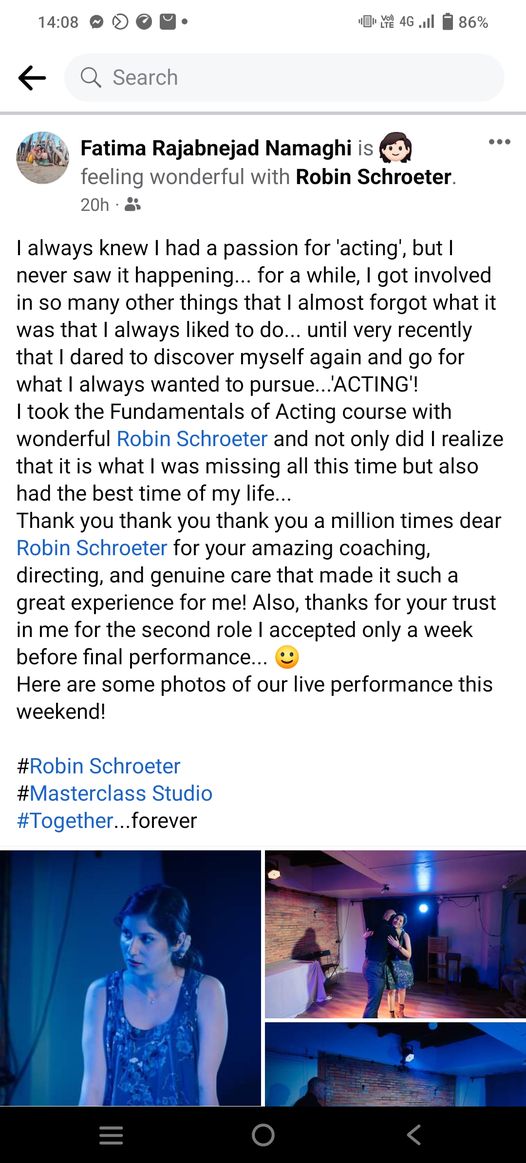 Thank you so much for your feedback, Diana. It was a pleasure to have you in the Fundamentals of Acting Course and I hop…